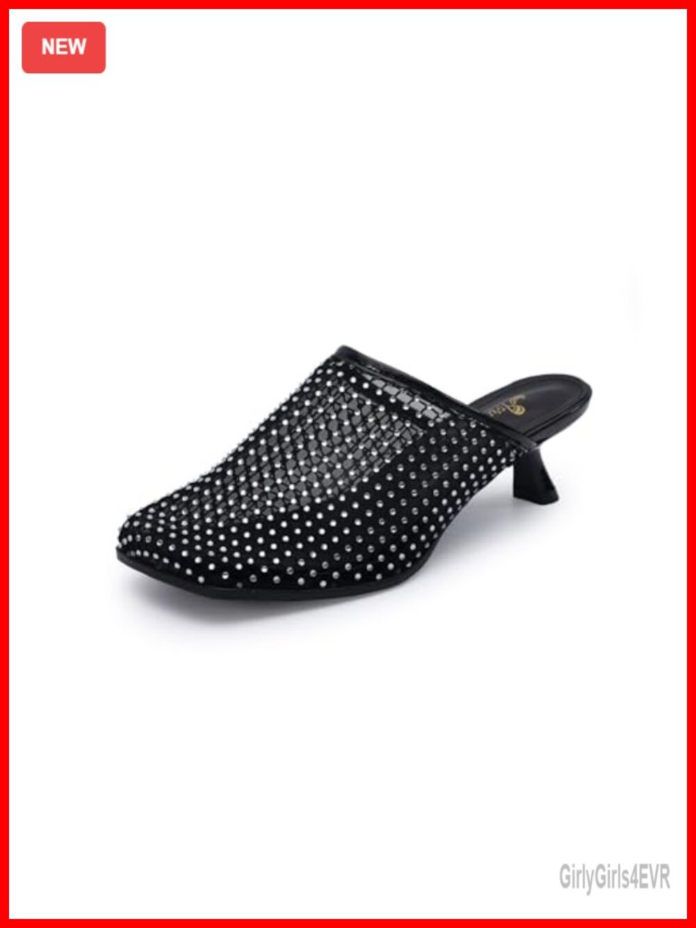 Rhinestone Mesh Mules Slip On Square Toe Kitten Heel Dress Shoes